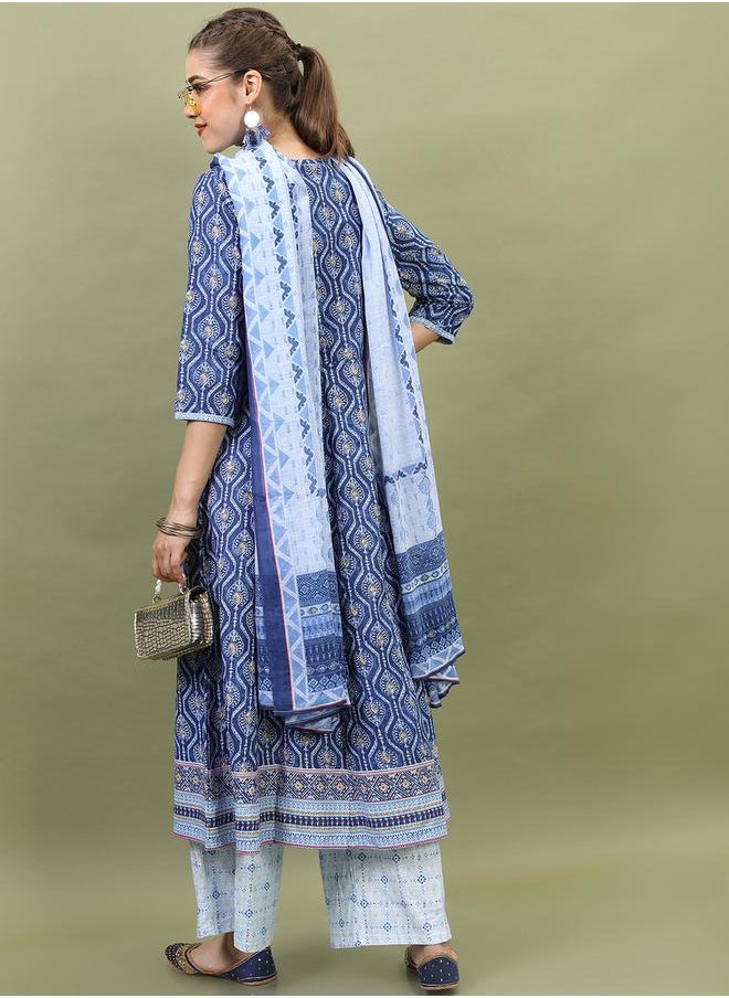 Vishudh Women Blue Cotton Kurta Set with Dupatta by Styli  - Image 3