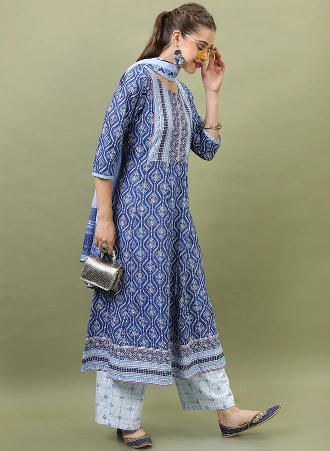 Vishudh Women Blue Cotton Kurta Set with Dupatta by Styli