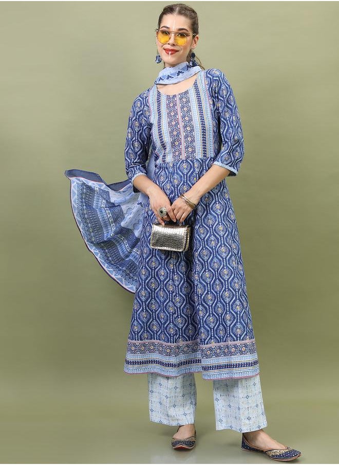 Vishudh Women Blue Cotton Kurta Set with Dupatta by Styli  - Image 1
