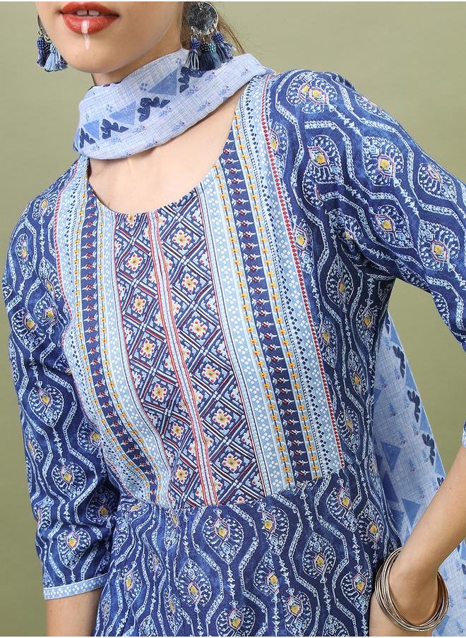 Vishudh Women Blue Cotton Kurta Set with Dupatta by Styli  - Image 4
