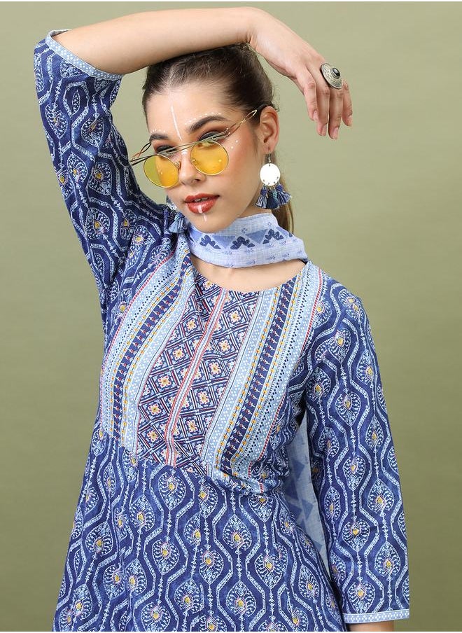 Vishudh Women Blue Cotton Kurta Set with Dupatta by Styli  - Image 2