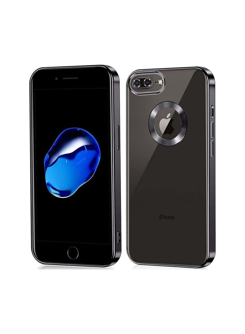 مناسبة ل iPhone 7 Plus كروم حلقة شعار قطع تصفيح TPU زجاج عدسة جراب هاتف آيفون 7 Plus أسود - Image 1