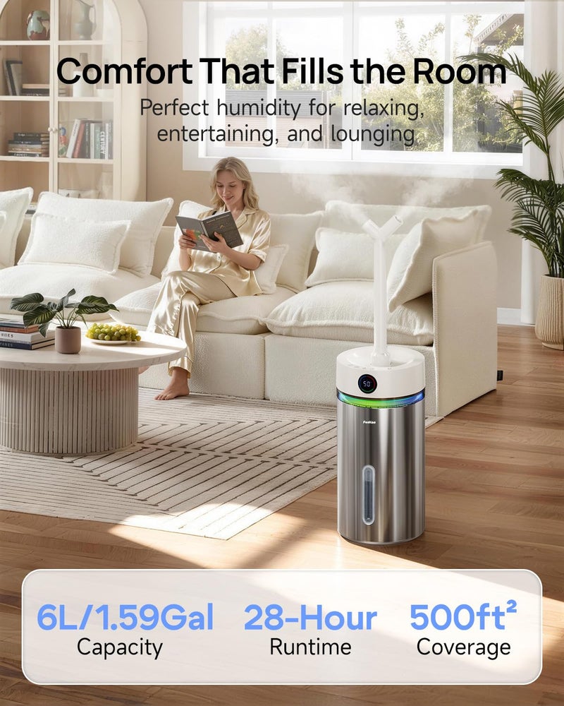 Feekaa Stainless Steel Humidifier Dishwasher Safe, 6L/1.6Gal Cool Mist Humidifiers for Bedroom, Easy to Clean Humidifier Large Room with Diffuser, Humidifiers for Baby Nursery Living Room Office Plant - Image 2