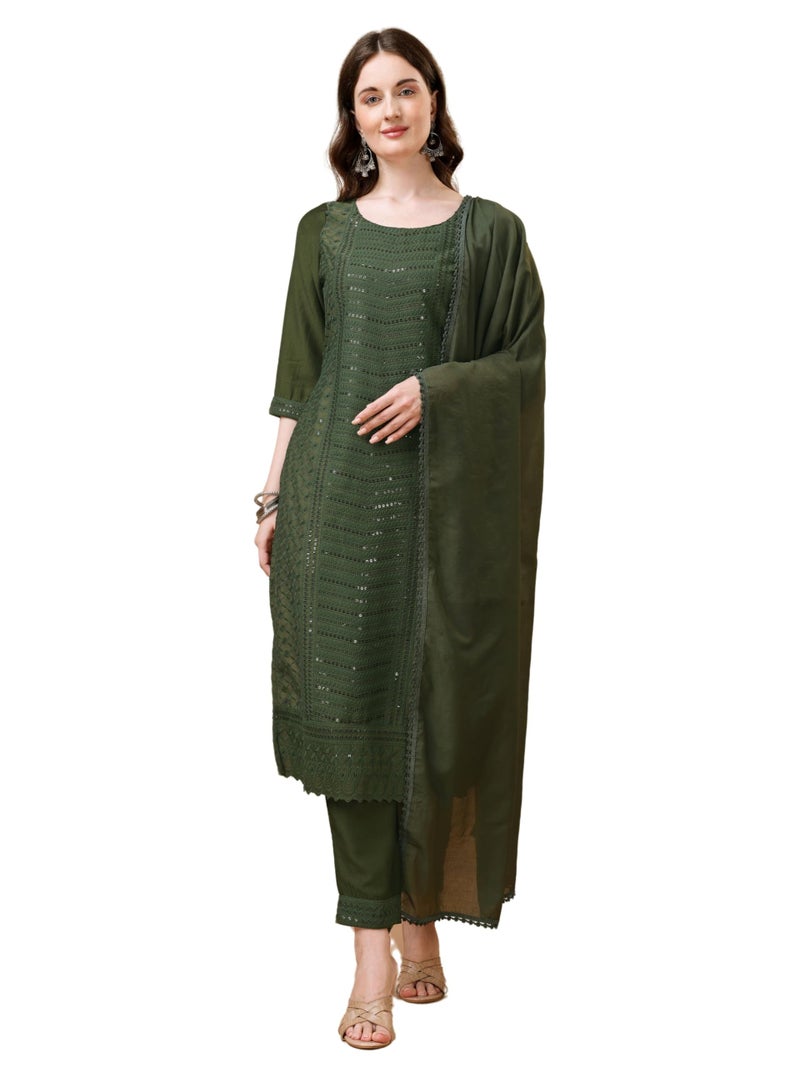 SHOPPING QUEEN Women's Silk Chikankari Regular Fit Kurta Pant with Dupatta (A524_Olive Green_4XL) - Image 1