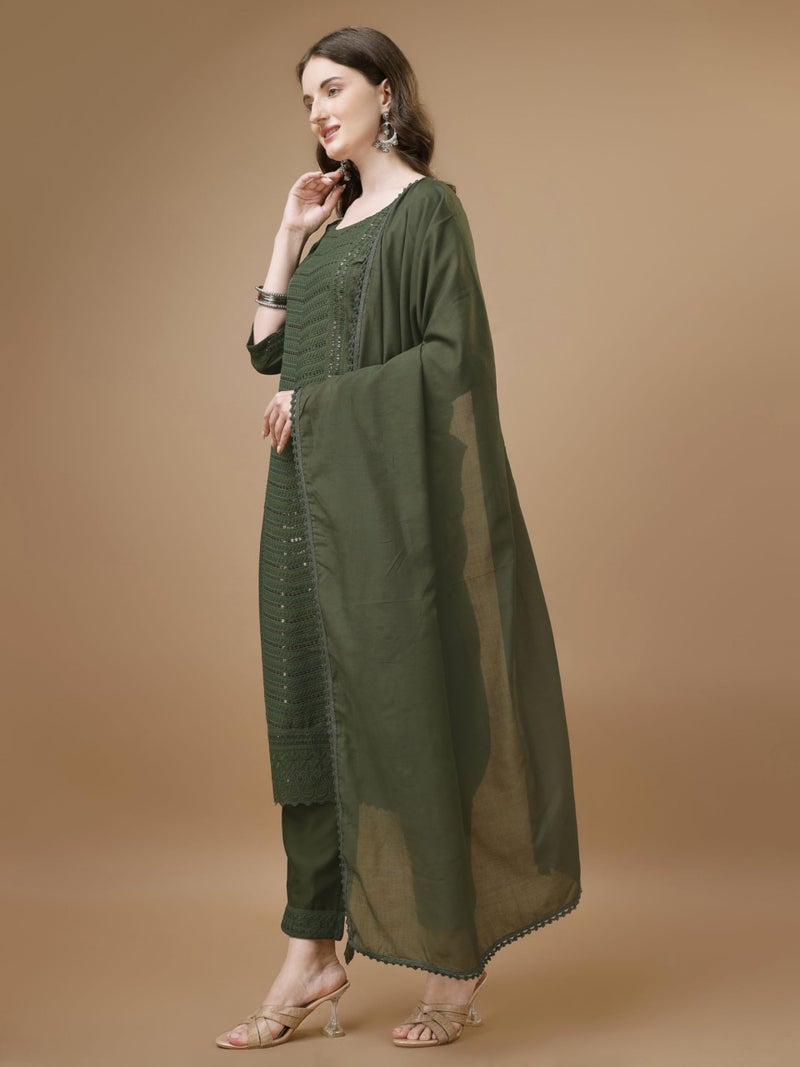SHOPPING QUEEN Women's Silk Chikankari Regular Fit Kurta Pant with Dupatta (A524_Olive Green_4XL) - Image 3