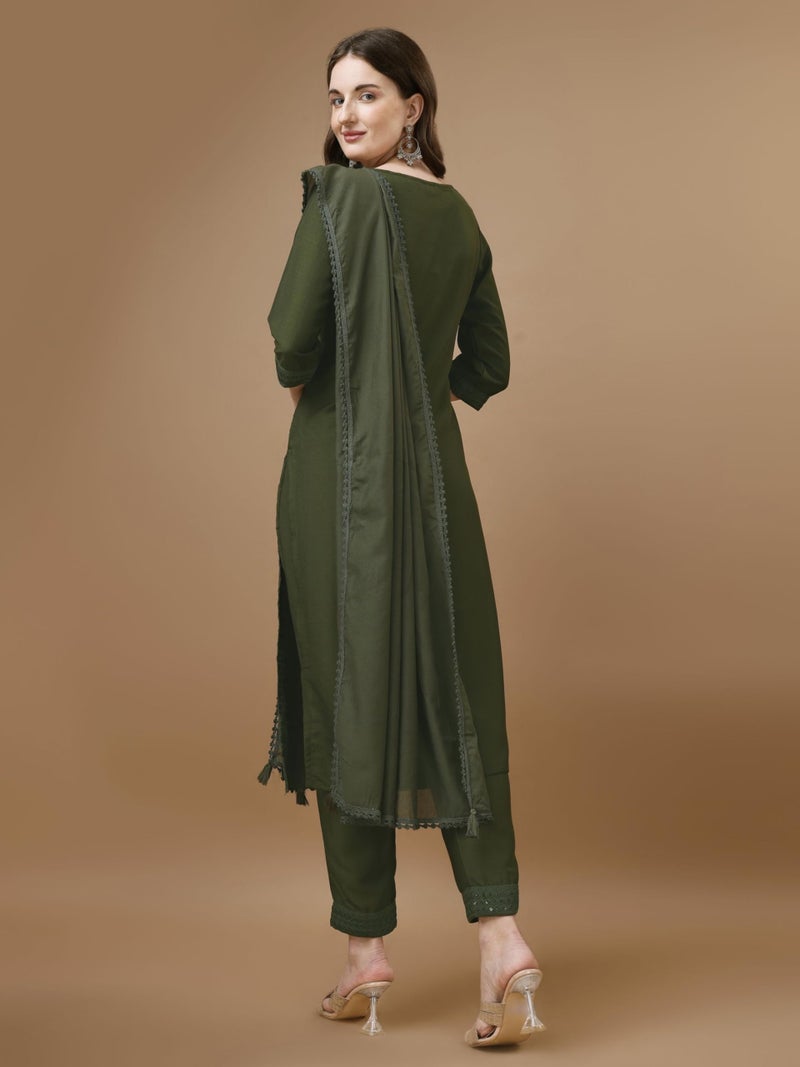 SHOPPING QUEEN Women's Silk Chikankari Regular Fit Kurta Pant with Dupatta (A524_Olive Green_4XL) - Image 2