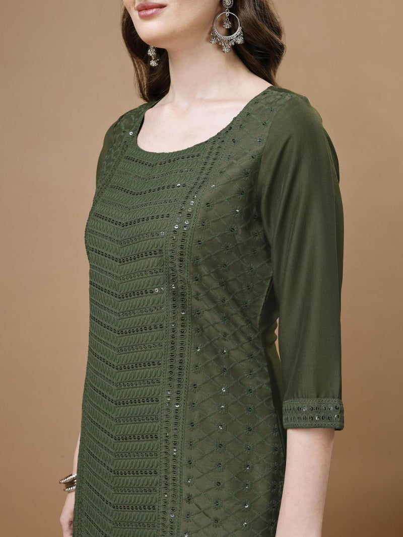 SHOPPING QUEEN Women's Silk Chikankari Regular Fit Kurta Pant with Dupatta (A524_Olive Green_4XL) - Image 4