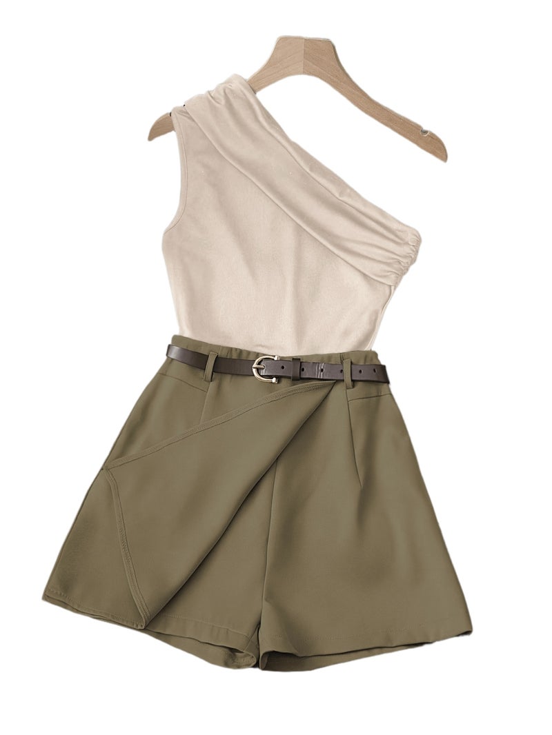 Women's Fashion Solid Color Single-Shoulder Ruched Top and Front-Cover Shorts Set - Image 1