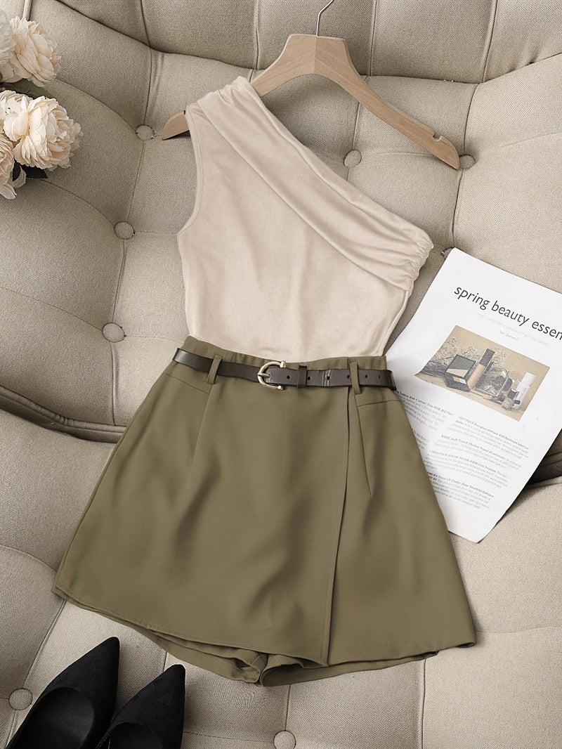 Women's Fashion Solid Color Single-Shoulder Ruched Top and Front-Cover Shorts Set - Image 3