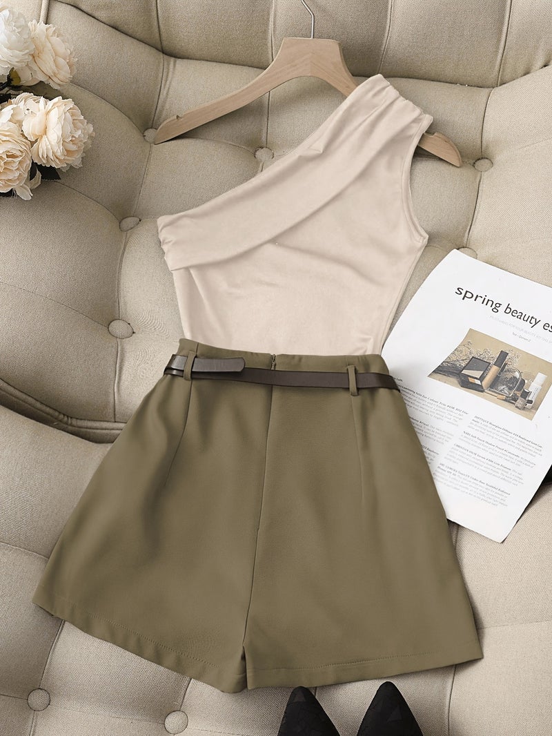 Women's Fashion Solid Color Single-Shoulder Ruched Top and Front-Cover Shorts Set - Image 2