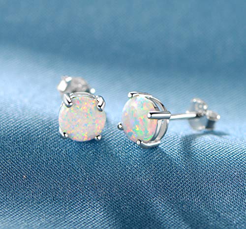 GEMSME 18K White Gold Plated 6mm Round White Opal Stud Earrings For Women - Image 4