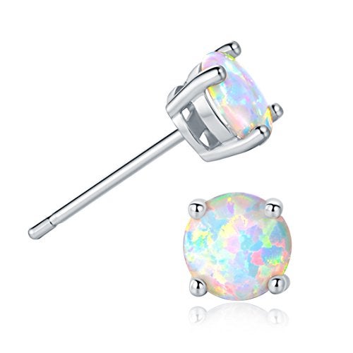 GEMSME 18K White Gold Plated 6mm Round White Opal Stud Earrings For Women - Image 1