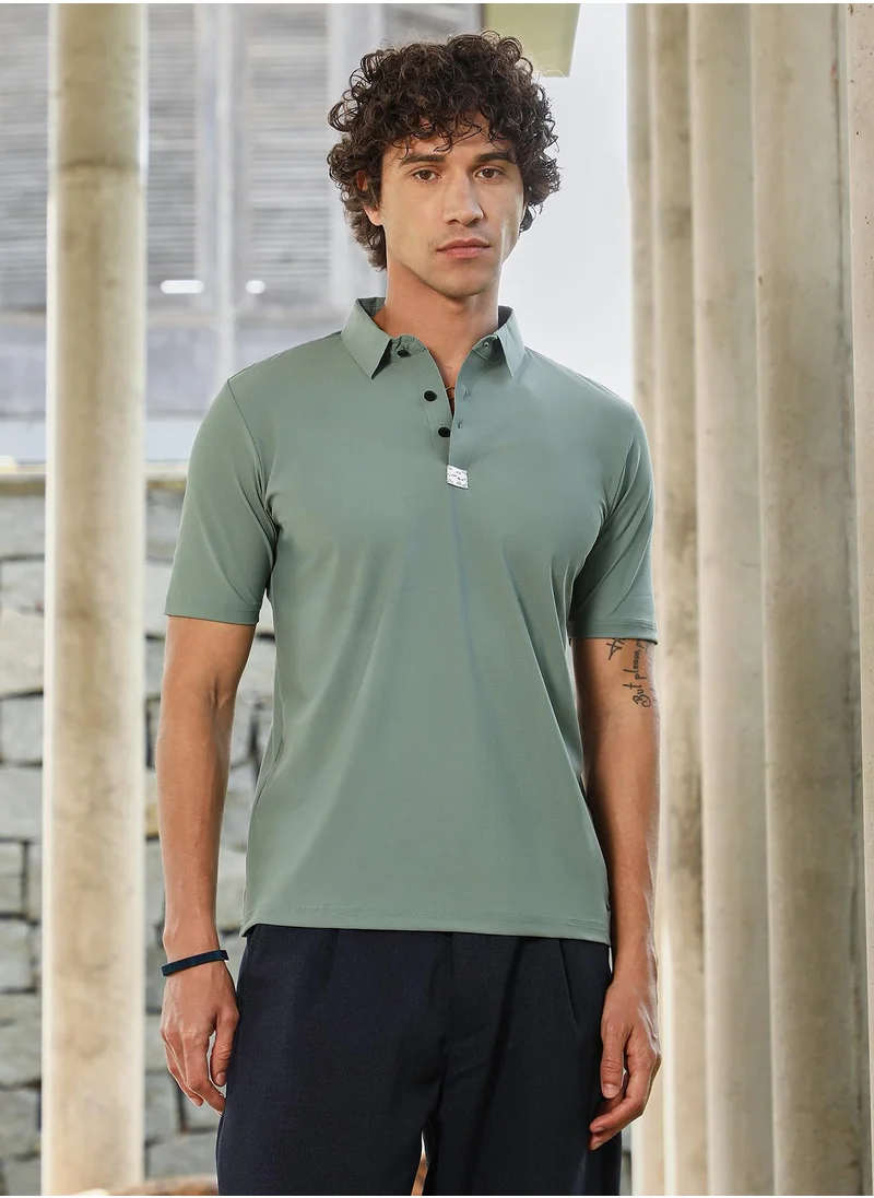 كامبوس سوترا Men's Sage Green Seamless Waffle Polo T-Shirt