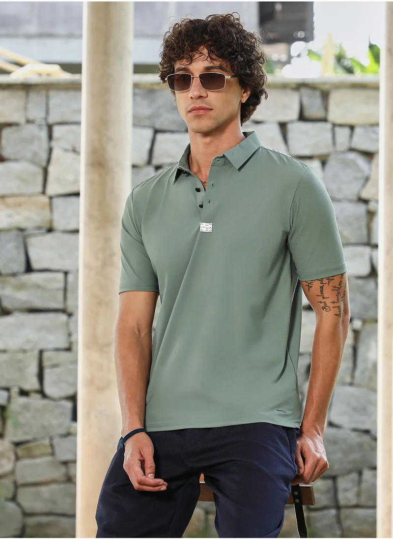 كامبوس سوترا Men's Sage Green Seamless Waffle Polo T-Shirt