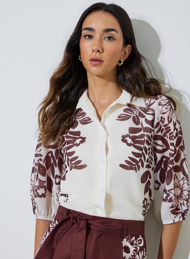 Styli Burgundy Border Placement Print Floral Shirt - Image 1