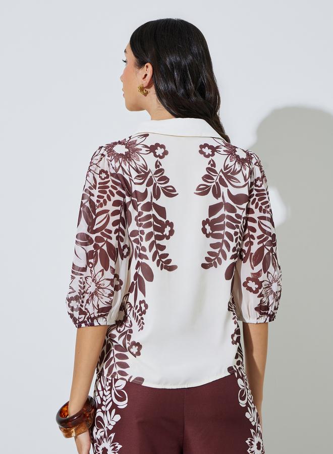 Styli Burgundy Border Placement Print Floral Shirt - Image 4