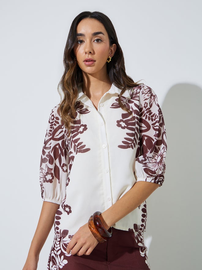 Styli Burgundy Border Placement Print Floral Shirt - Image 3