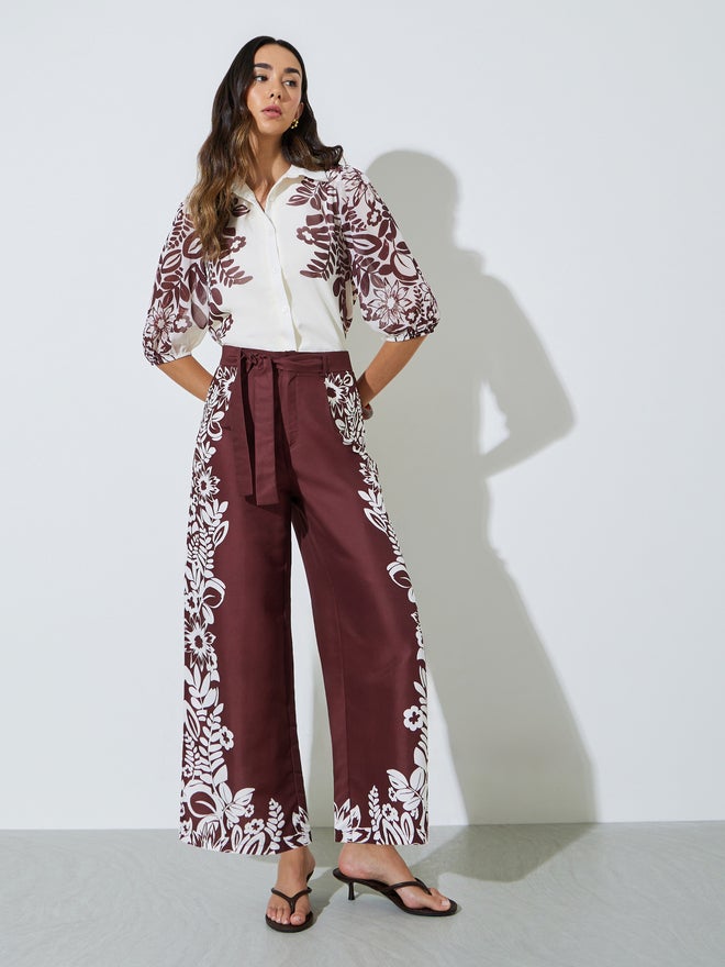 Styli Burgundy Border Placement Print Floral Shirt - Image 2