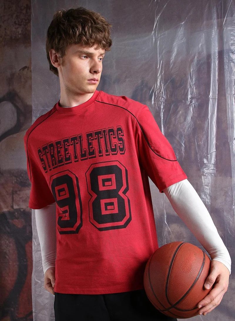 Hubberholme Red Men Typography Streetletics Printed Round Neck Cotton Relaxed Fit T-shirt for Men | Best Price UAE