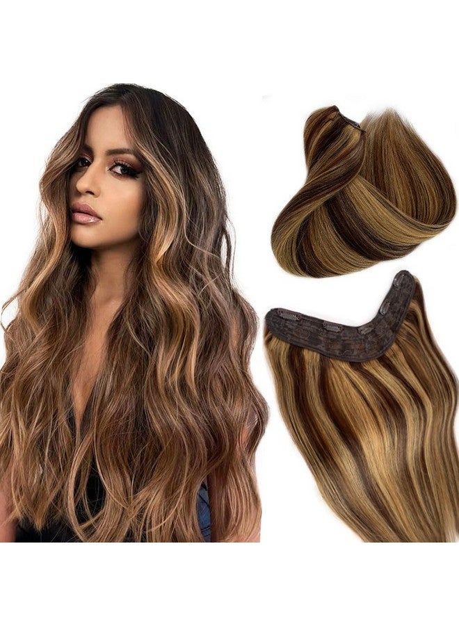 Smartinnov V Shape Clip Hair Extensions Human Hair 22 Inch Ombre Chocolate Brown To Caramel Blonde 4/27 Highlight One Hairpiece Clip In Hair Extension 100G Human Hair With Seamless Weft Silky Straight For Women - Image 2