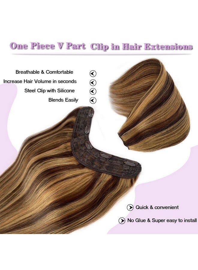 Smartinnov V Shape Clip Hair Extensions Human Hair 22 Inch Ombre Chocolate Brown To Caramel Blonde 4/27 Highlight One Hairpiece Clip In Hair Extension 100G Human Hair With Seamless Weft Silky Straight For Women - Image 4