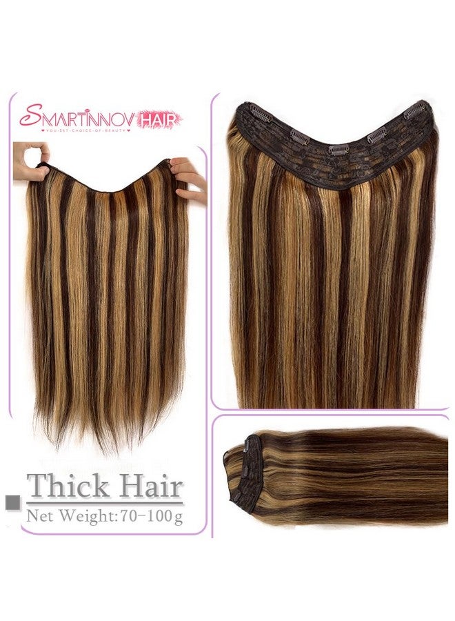 Smartinnov V Shape Clip Hair Extensions Human Hair 22 Inch Ombre Chocolate Brown To Caramel Blonde 4/27 Highlight One Hairpiece Clip In Hair Extension 100G Human Hair With Seamless Weft Silky Straight For Women - Image 3