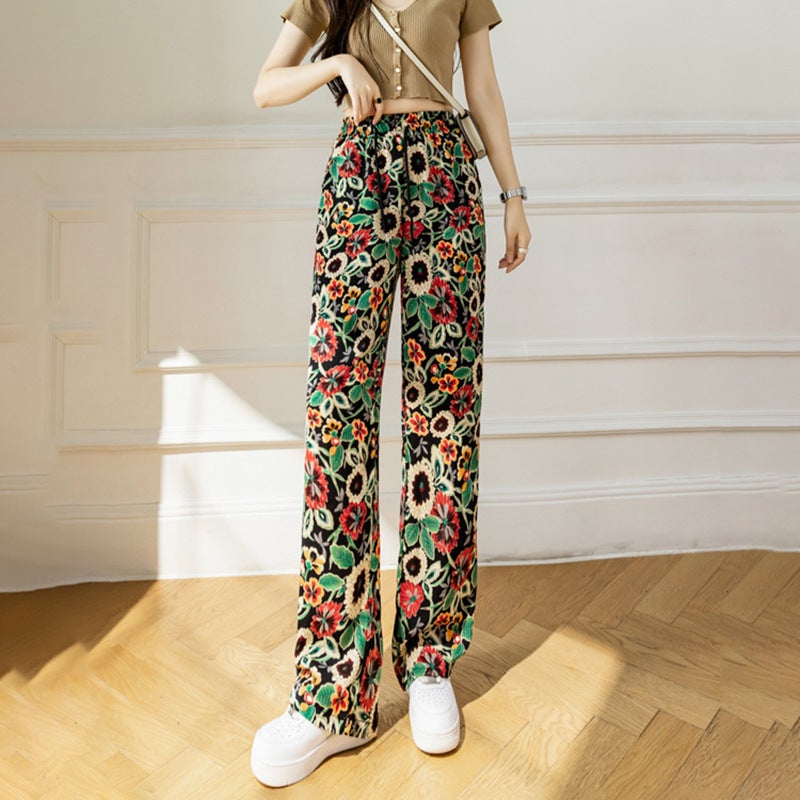Spring and Summer Ink Tie-Dye Wide Leg Pants Womens Casual Leopard Ice Silk Ethnic Style Loose Ice Silk Pants Casual Pants sunflower
