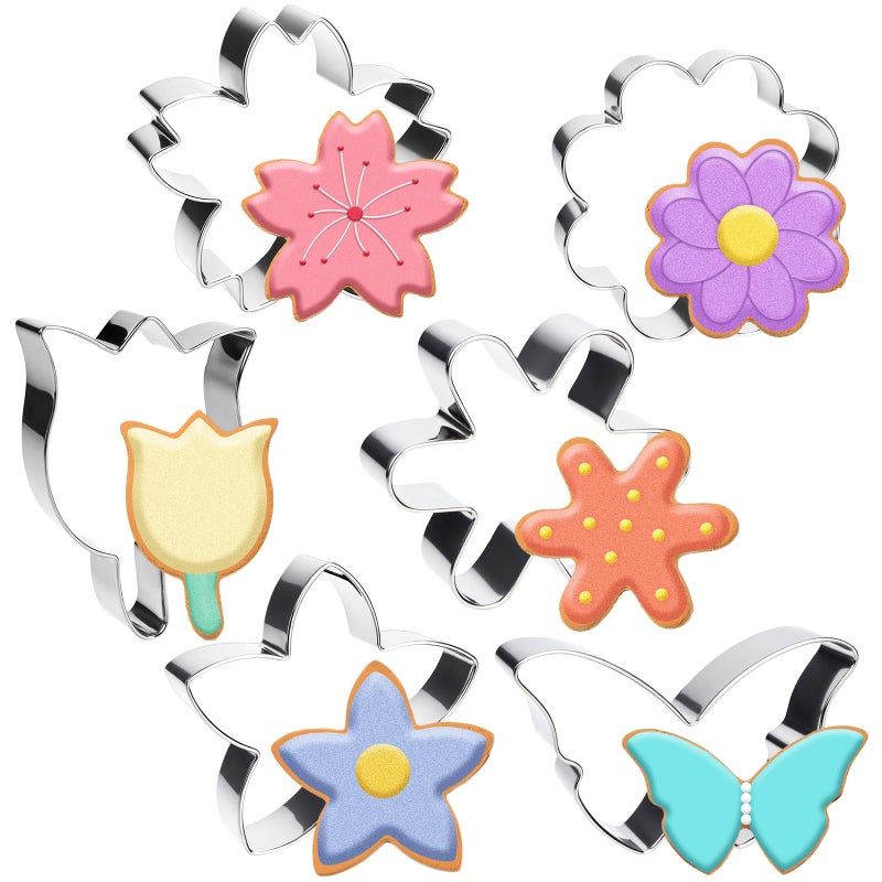 KINYFY 6 PCS Flower Cookie Cutters Set, Stainless Steel Flowers Cookie Cutters, Butterfly Cherry Blossom Tulip Daisy Shaped Baking Tools for Home Baking, Party Favors (Flower & Butterfly) - Image 1