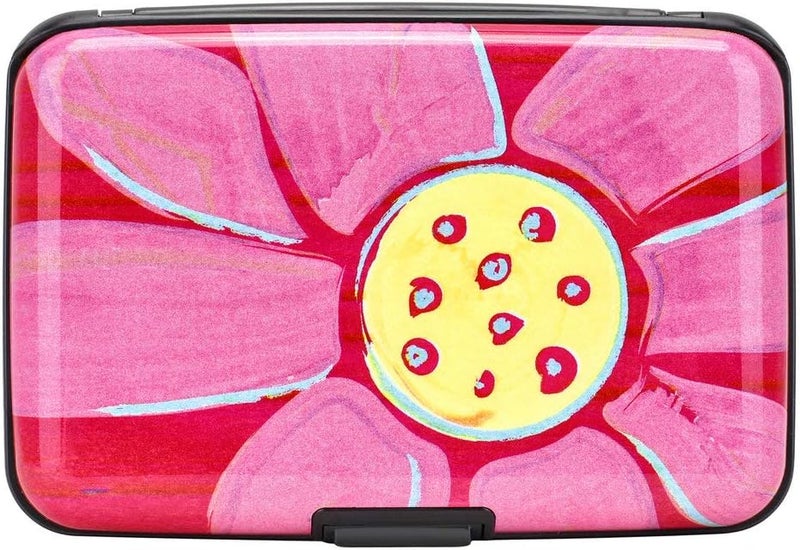 ELFISH RFID Blocking Credit Cards Holder Aluminum Wallet Metal ID Case for Men Women (Big pink flower) - Image 1