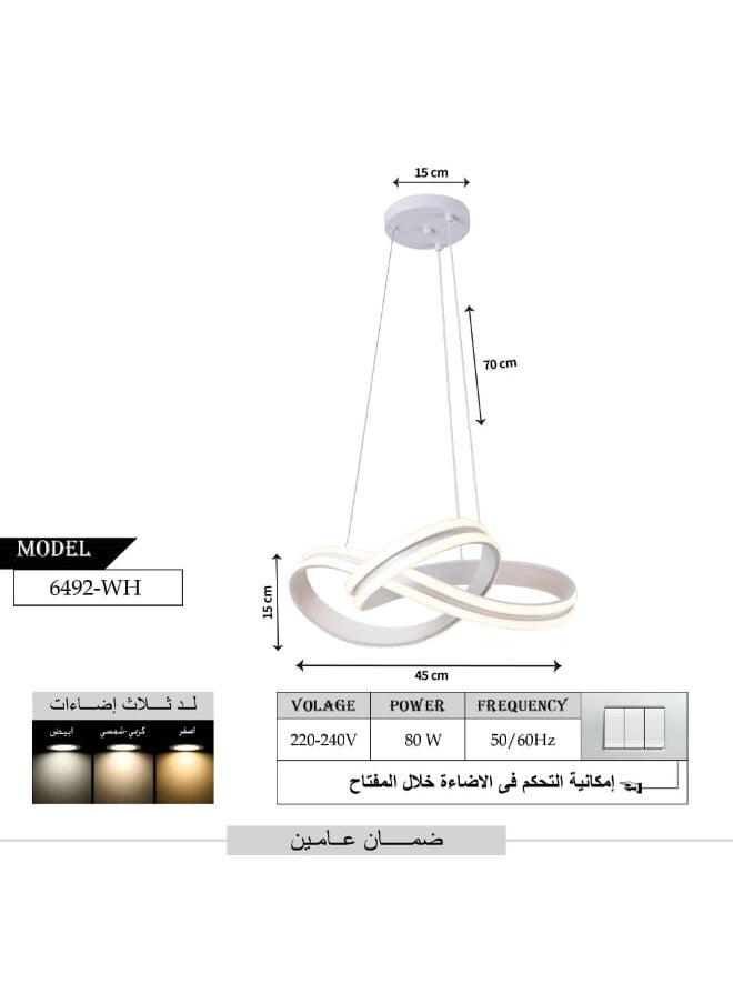 Best Power Modern LED Chandelier 6492 - 80W, 3 Lighting Levels, Adjustable Height 70 cm, Stylish Contemporary Design for Living Rooms, Dining Areas, and Bedrooms  - Image 3