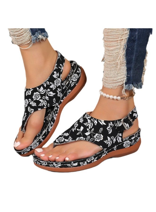 Women's Shoes Large Size Herringbone Sandals For Women  New Ethnic Style Embroidered Flower Back Buckle Wedge Sandals For Women