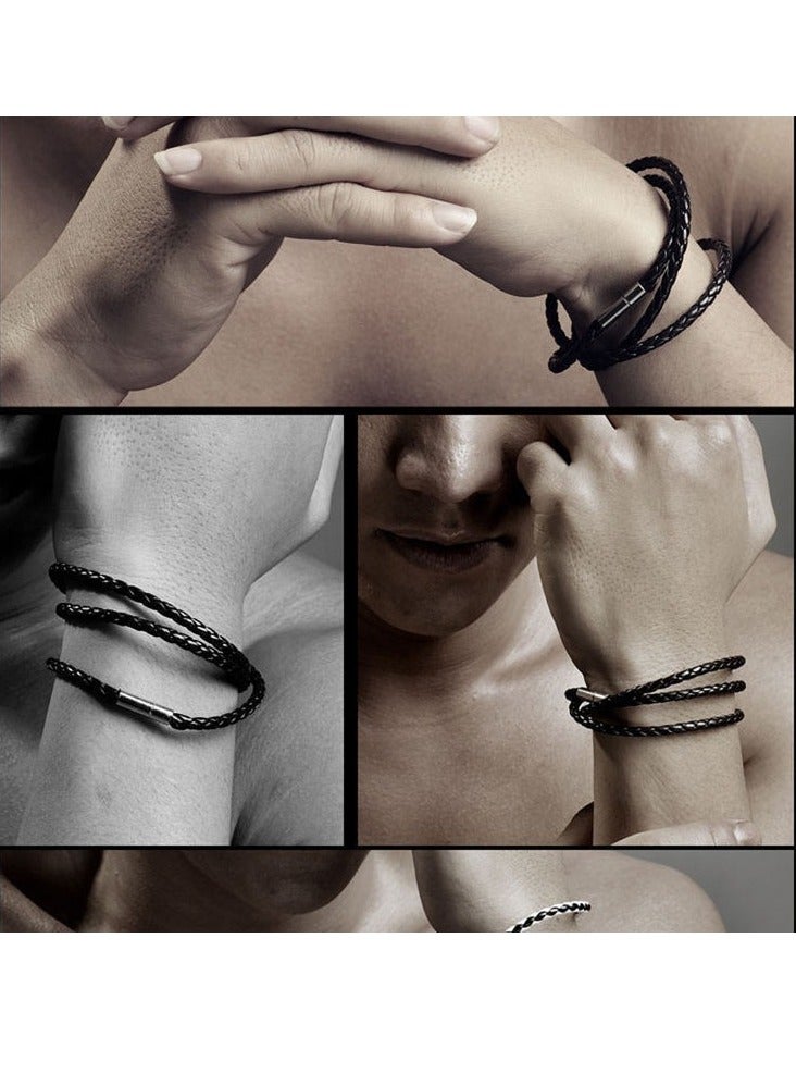 Men's Black Braided Leather Wristband Simple Multi-layer Wrap Leather Cord Bracelet - Image 3