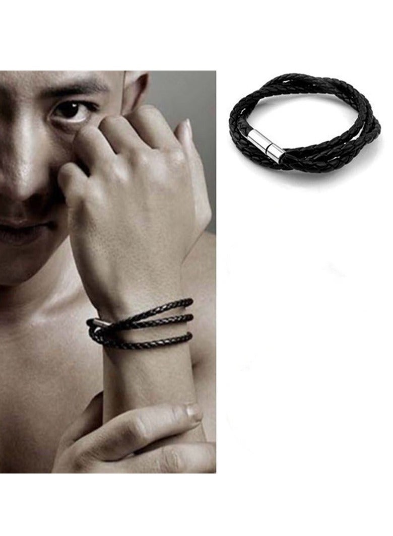 Men's Black Braided Leather Wristband Simple Multi-layer Wrap Leather Cord Bracelet - Image 1