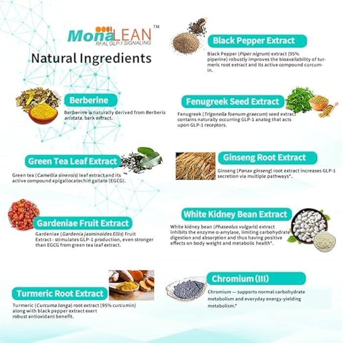 MonaLean Theramone Health GLP-1 Supplement for Satiety & Weight Management – Helps Curb Hunger & Cravings – Berberine + Chromium – Vegan, Non-GMO, Gluten-Free – 120 Capsules - Image 4