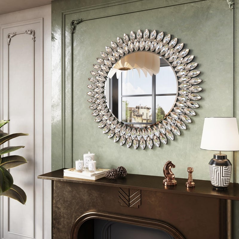 Kelly Miller Round Jeweled Mirror for Wall Decor, 26 in Modern Decorative Wall Mirror with Luxury Diamonds Beveled Vanity Mirror for Bedroom Dresser, Living Room Table, Bathroom, Hallway, Entryway - Image 2