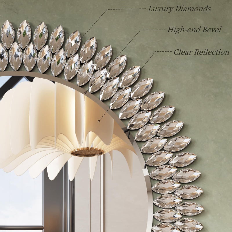 Kelly Miller Round Jeweled Mirror for Wall Decor, 26 in Modern Decorative Wall Mirror with Luxury Diamonds Beveled Vanity Mirror for Bedroom Dresser, Living Room Table, Bathroom, Hallway, Entryway - Image 3