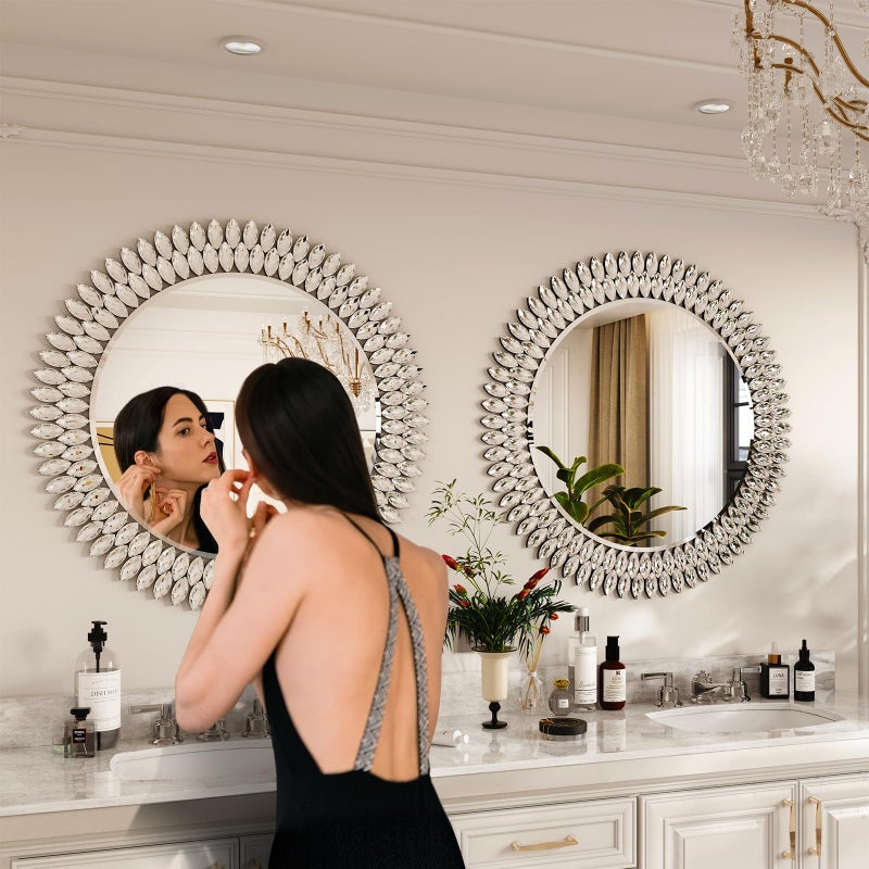 Kelly Miller Round Jeweled Mirror for Wall Decor, 26 in Modern Decorative Wall Mirror with Luxury Diamonds Beveled Vanity Mirror for Bedroom Dresser, Living Room Table, Bathroom, Hallway, Entryway - Image 5