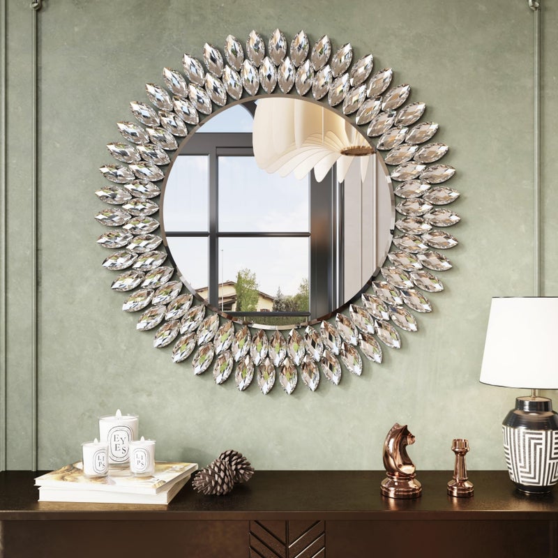 Kelly Miller Round Jeweled Mirror for Wall Decor, 26 in Modern Decorative Wall Mirror with Luxury Diamonds Beveled Vanity Mirror for Bedroom Dresser, Living Room Table, Bathroom, Hallway, Entryway - Image 1