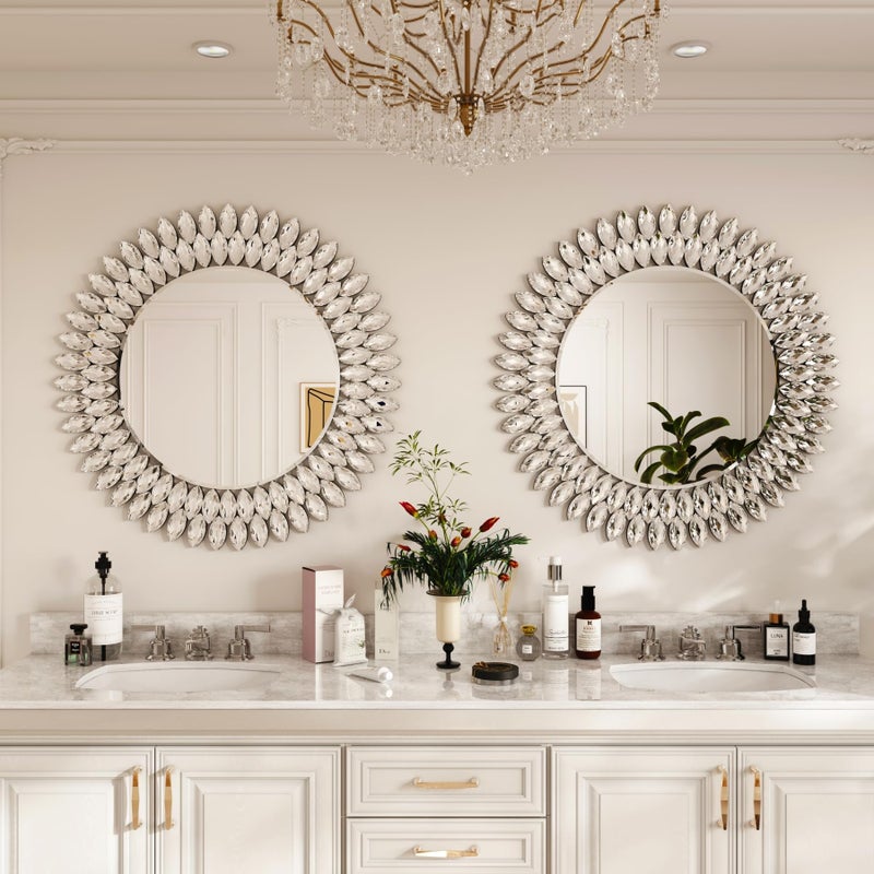 Kelly Miller Round Jeweled Mirror for Wall Decor, 26 in Modern Decorative Wall Mirror with Luxury Diamonds Beveled Vanity Mirror for Bedroom Dresser, Living Room Table, Bathroom, Hallway, Entryway - Image 4