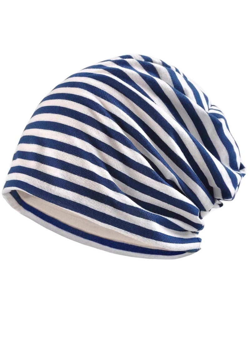 Infinity Scarf Headwear Cap Stripes Breathable Beanie Hat Navy Blue/White  - Image 1