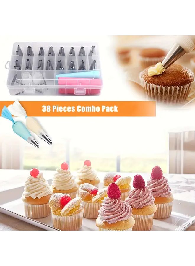 38 قطعة من أدوات تزيين الكعك مع 32 طرفًا وحقيبتين للحلويات للخبز DIY - Image 3