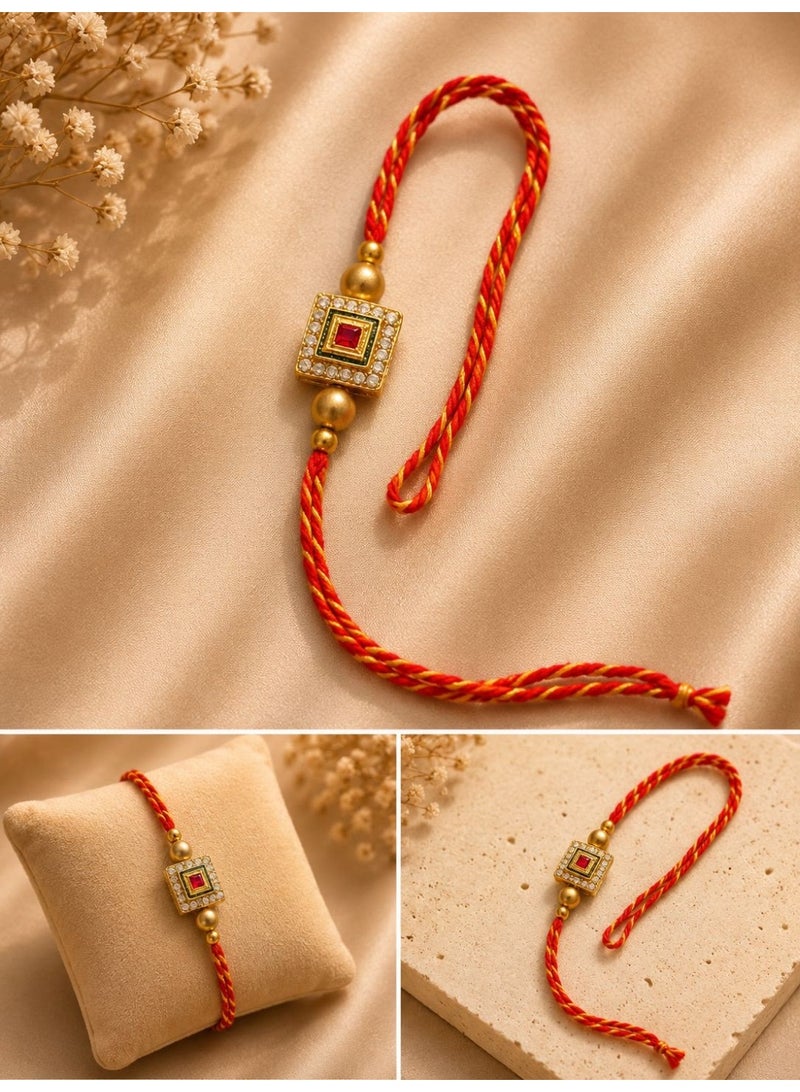 Premium Rakhi for Brother with Embellished Square Charm, Red & Gold Thread