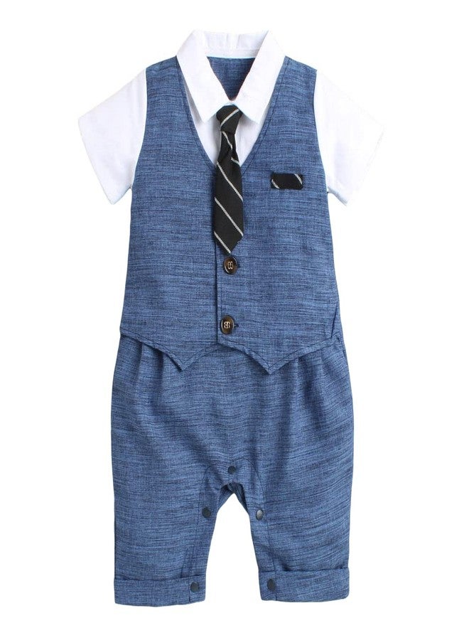 Hopscotch Boys Solid Applique Tie Romper In Blue Color for Ages 3-6 Months - Image 4