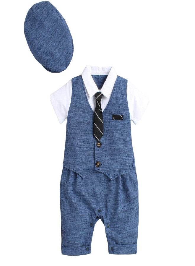 Hopscotch Boys Solid Applique Tie Romper In Blue Color for Ages 3-6 Months - Image 1