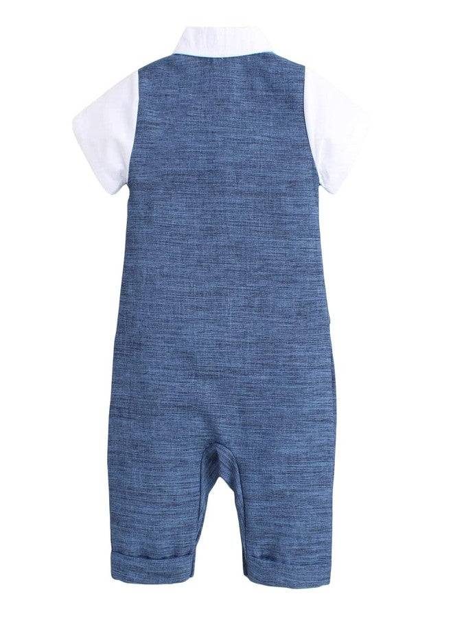 Hopscotch Boys Solid Applique Tie Romper In Blue Color for Ages 3-6 Months - Image 2