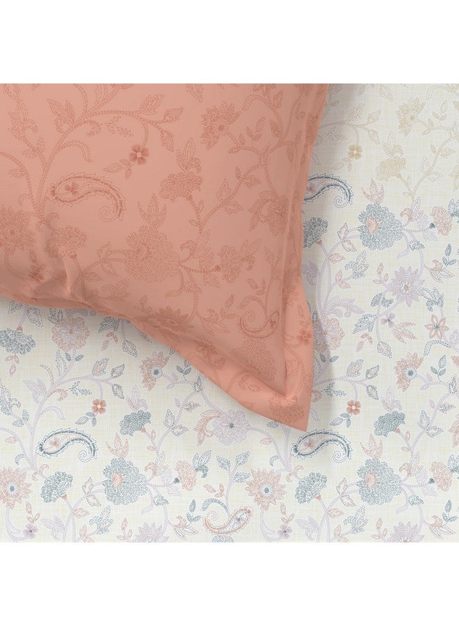 Trident Bedsheet King Size Cotton - 1 Bedsheet and 2 Pillowcases for Double Bed - Indian Traditional Craft - Sanskriti Collection-Kantha Peach - Image 3