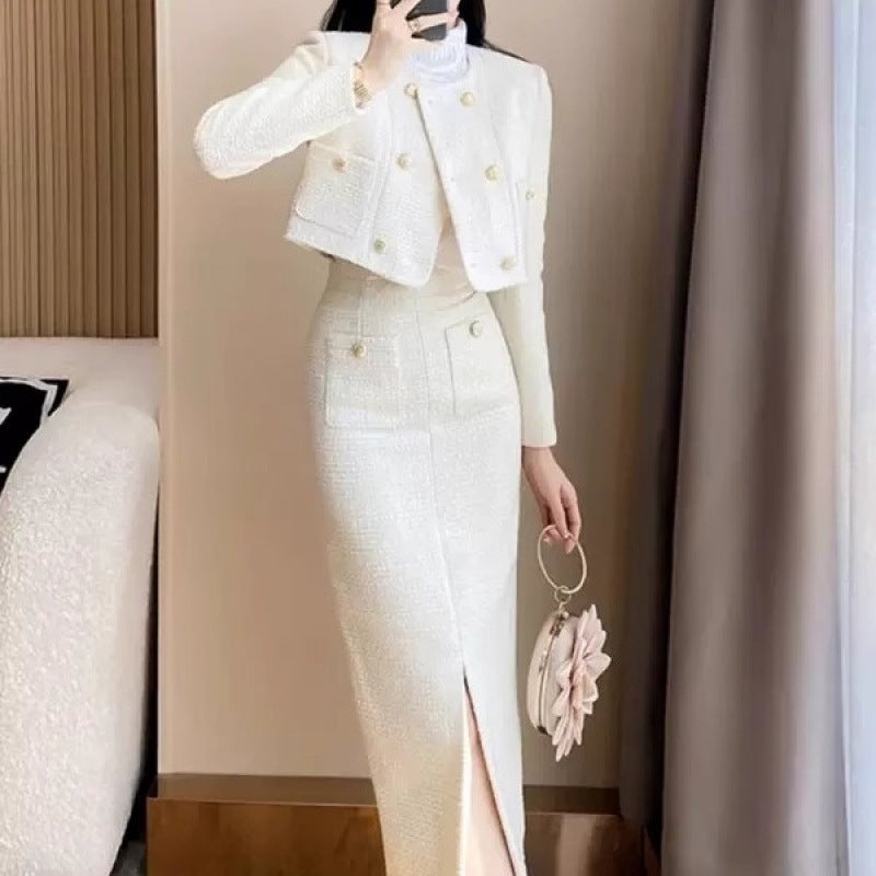 Spring and Autumn Chanel Style suit Womens New This Years Professional Casual Fashion Elegant Short Jacket Skirt Two-piece Set Jacket + skirt [white] 
