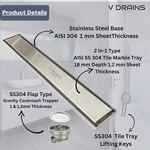 V DRAINS 600x100 mm Tile Marble Insert Floor Shower Drain Channel | Linear (Long) Drain for Bathrooms, Floor, Balconies of SS (Grade AISI 304 18/8) with Cockroach Trap | Center Outlet (24x4 inches) - Image 4