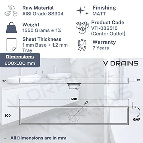 V DRAINS 600x100 mm Tile Marble Insert Floor Shower Drain Channel | Linear (Long) Drain for Bathrooms, Floor, Balconies of SS (Grade AISI 304 18/8) with Cockroach Trap | Center Outlet (24x4 inches) - Image 2