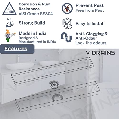 V DRAINS 600x100 mm Tile Marble Insert Floor Shower Drain Channel | Linear (Long) Drain for Bathrooms, Floor, Balconies of SS (Grade AISI 304 18/8) with Cockroach Trap | Center Outlet (24x4 inches) - Image 3